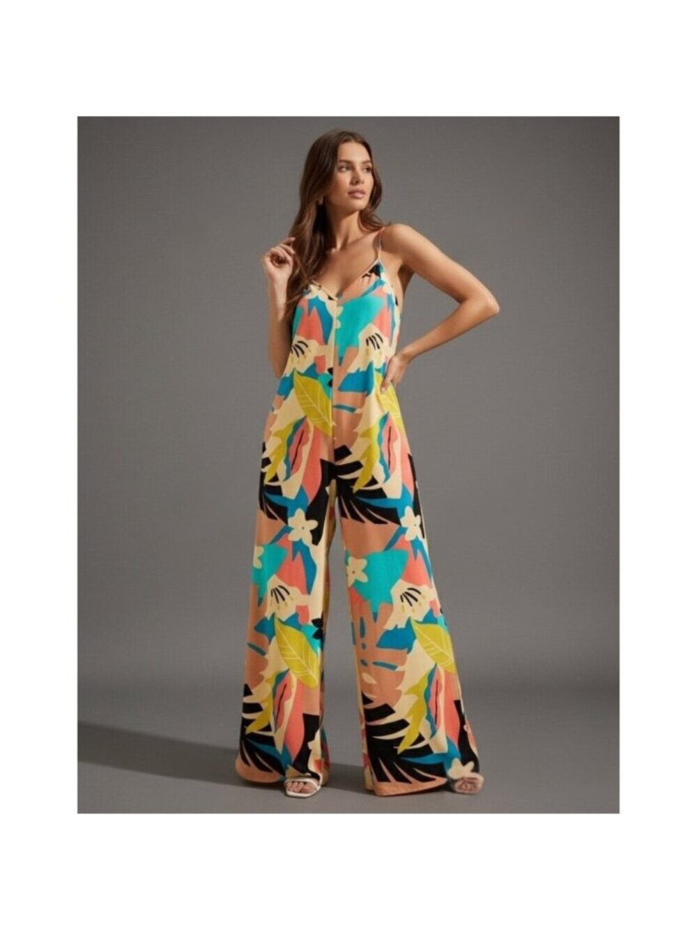 Boho Tropical Print Wide Leg Cami Jumpsuit